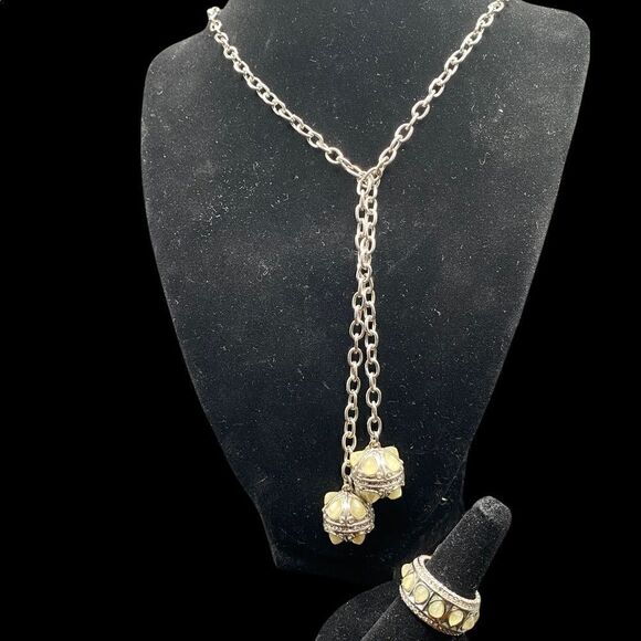 Karen Kane signed lariat necklace ring silver tone rhinestones white pear shape - Picture 2 of 16